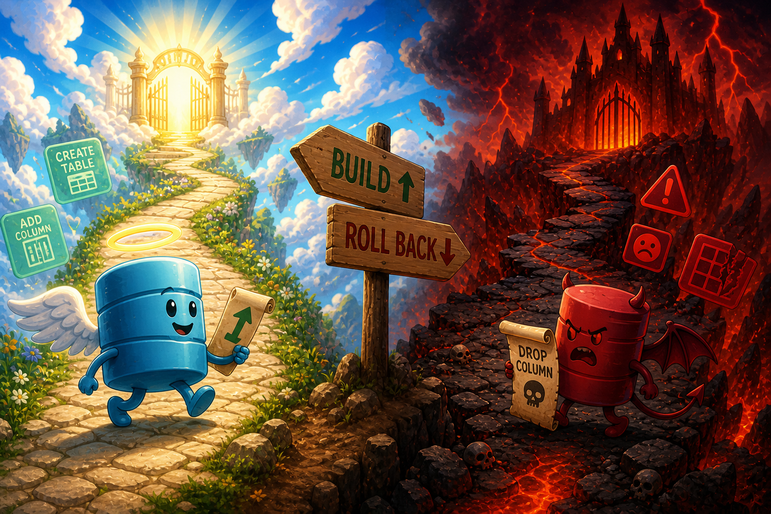 A fiery path leading downward into a database migration rollback