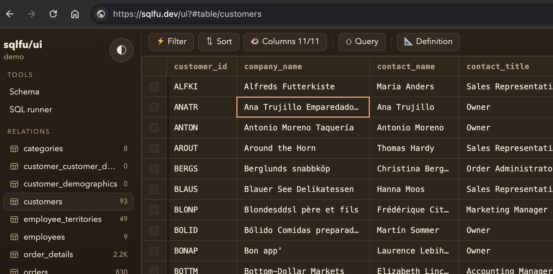 sqlfu UI showing a customers table